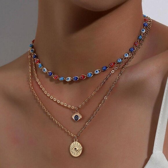 Boho Festival Evil Eye Celest Layered Gold Red and Blue Necklace Minimalist - Picture 1 of 11